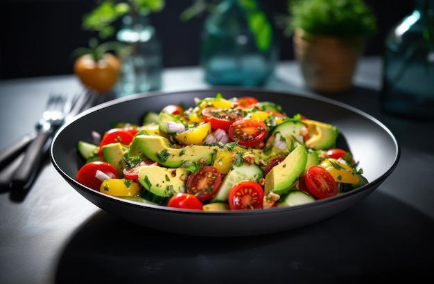 Uma salada mista de abacate com repolho roxo e tomate