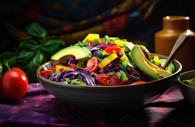 Uma salada mista de abacate com repolho vermelho e tomate