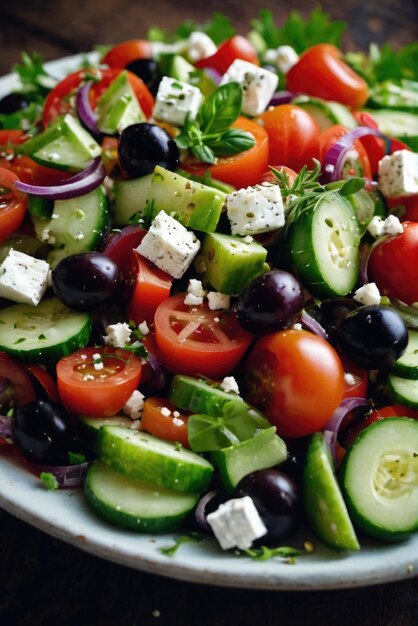 Foto uma salada simples, mas saborosa, feita com tomates e pepinos