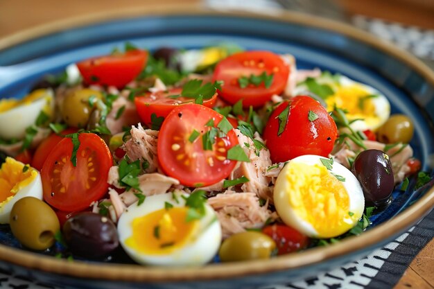 uma salada tradicional de Nice feita com atum, ovos cozidos, tomates, azeitonas e anchovas