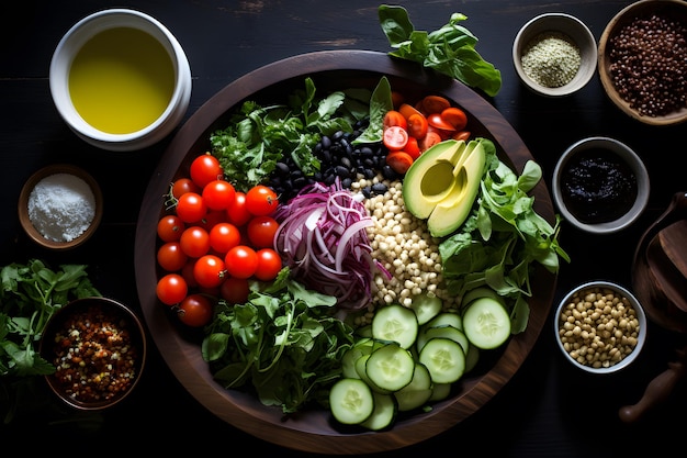 uma salada vegetariana plana espalhada com grãos de vegetais crocantes e um fiozinho de molho caseiro