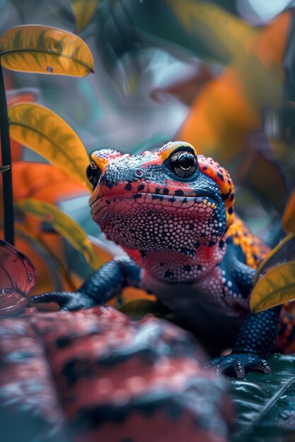 Foto uma salamandra a esgueirar-se através da vegetação úmida a sua pele vibrante um toque de cor