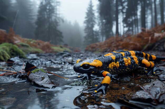 Foto uma salamandra rastejando pelo chão úmido da floresta suas marcas brilhantes advertindo de sua toxicidade