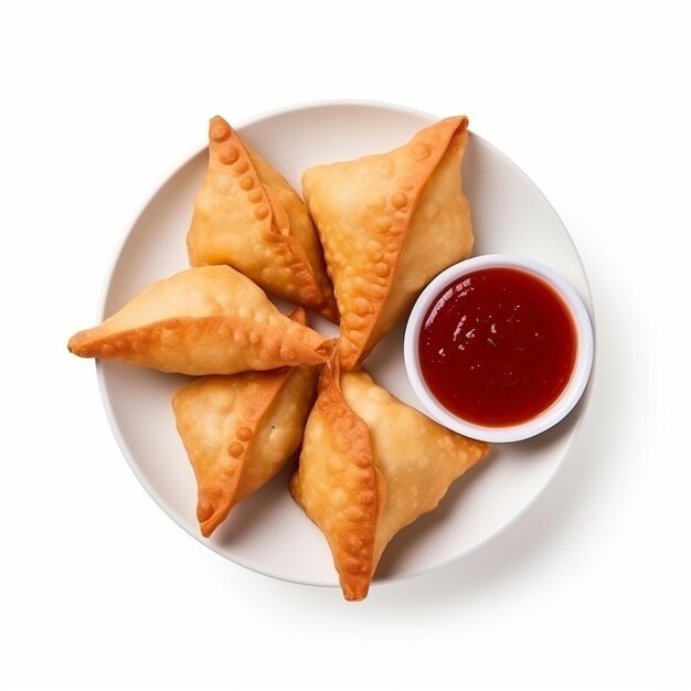 Foto uma samosa perto de ketchup em uma vista frontal de fundo branco