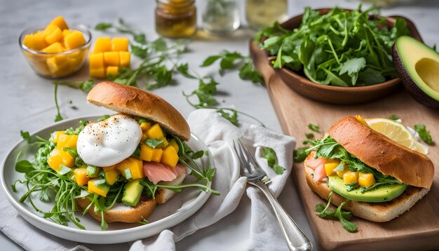 uma sanduíche com pepino, abacate e outros vegetais