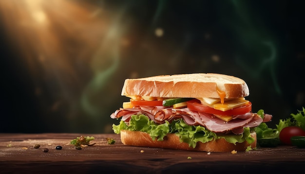 Uma sanduíche com presunto e queijo está em uma mesa de madeira