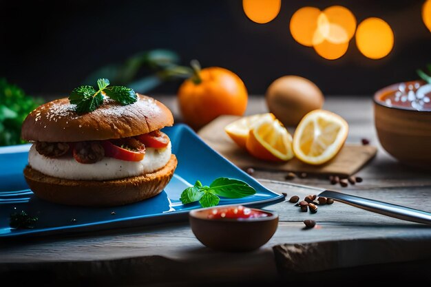 Foto uma sanduíche com um limão e um limão em uma mesa