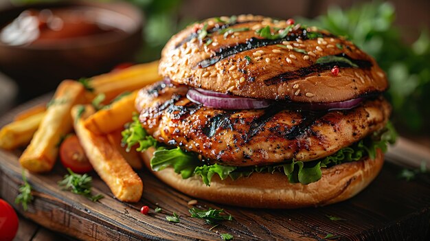 Uma sanduíche de aves combinada com batatas fritas