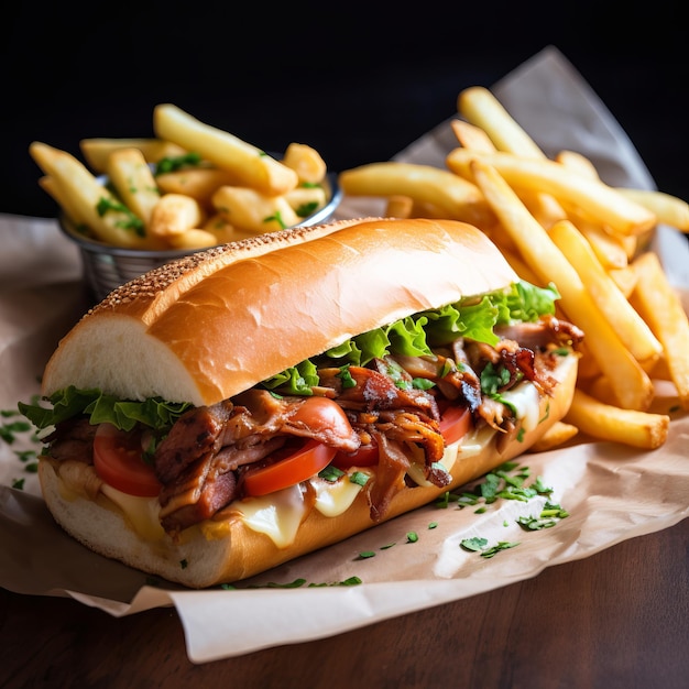 Uma sanduíche de porco com batatas fritas numa tábua de madeira