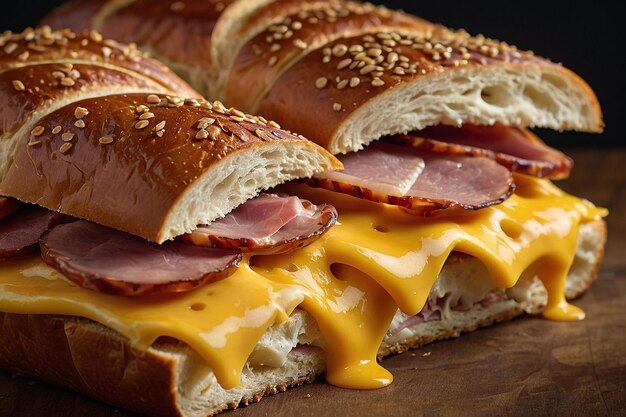 Foto uma sanduíche de presunto e queijo em pão pretzel