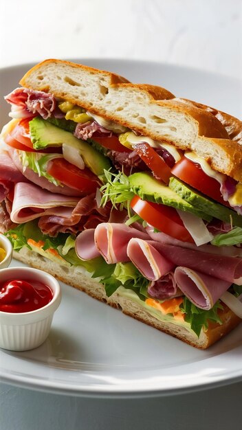 Uma sanduíche grande e saborosa em branco.