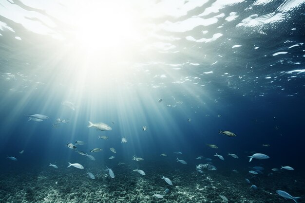 uma sardinha cintilante a atravessar uma caverna subaquática iluminada pelo sol