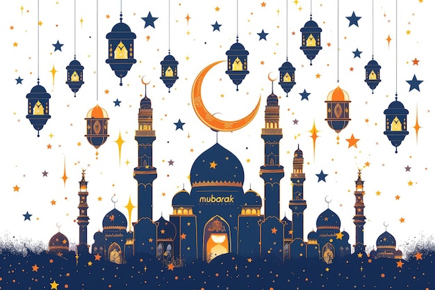 Uma saudação festiva e brilhante do Ramadan Kareem com lanternas, estrelas e uma silhueta de mesquita