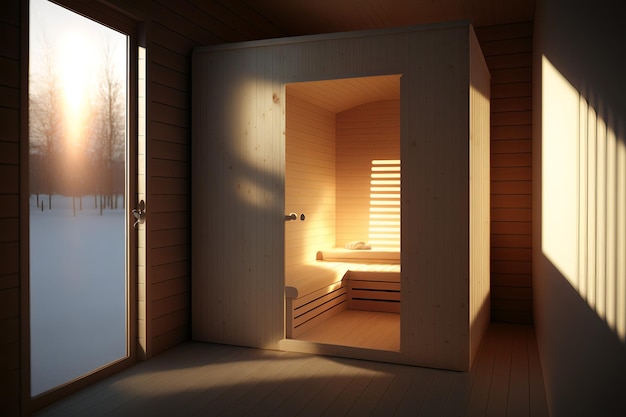 Uma sauna de madeira com uma janela que diz 'sun' on it