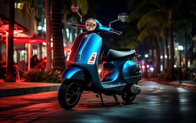 Uma scooter azul estacionada na beira da estrada AI