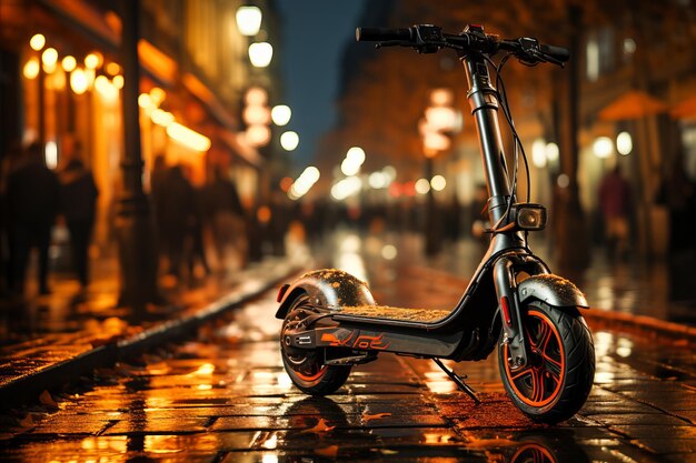 Uma scooter elétrica no fundo da rua urbana