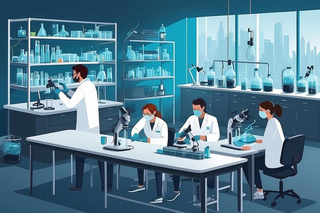 uma seção do laboratório com estudantes usando a tecnologia CRISPR para experimentos de modificação genética ilustração vetorial em estilo plano