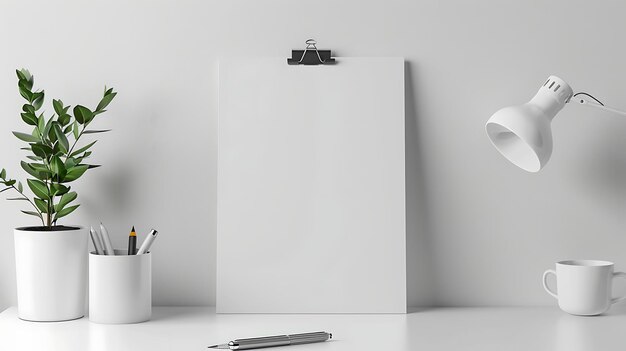 Uma secretária com um caderno em branco um copo uma lâmpada uma planta e um suporte de lápis a secretária está contra uma parede branca