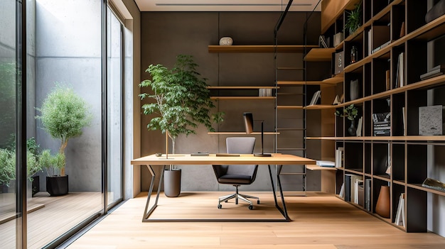 Uma secretária num escritório moderno com uma árvore na parede.