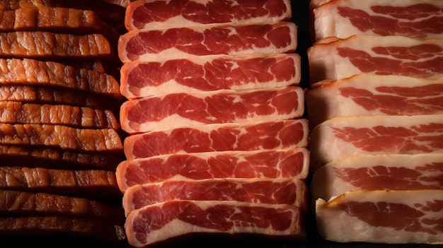 uma seleção de cortes gourmet de bacon enfatizando os diferentes sabores e texturas