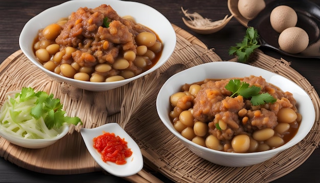 uma seleção de pratos, incluindo feijões, feijões e arroz, são mostrados em uma mesa de madeira