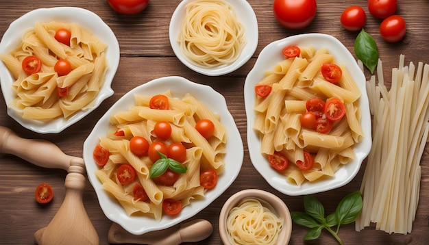 uma seleção de pratos, incluindo macarrão de tomate e tomate