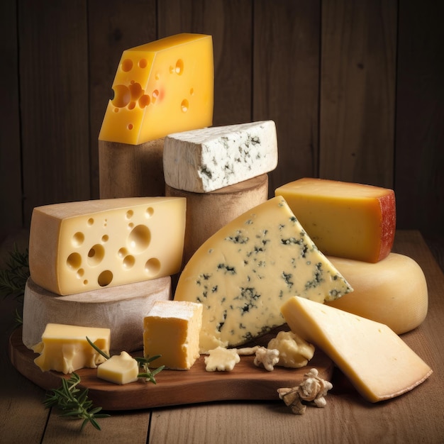 Uma seleção de queijos em uma mesa de madeira