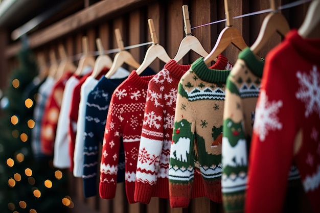 Uma seleção de suéteres de Natal feios pendurados em um trilho em um mercado de Natal