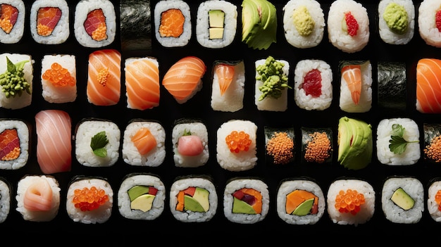 Uma seleção de sushi, incluindo sushi, sushi e sushi.