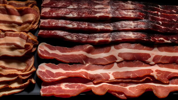 uma seleção de variedades gourmet de bacon enfatizando os diferentes sabores e texturas do bacon