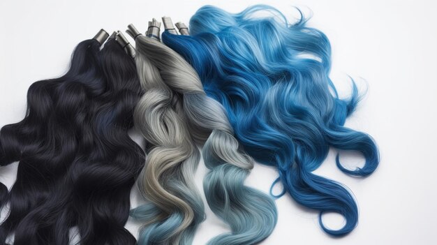 Uma seleção de vários tons de extensões de cabelo azul sobre fundo branco