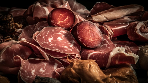 uma seleção diversificada de carnes curadas, incluindo presunto e salame