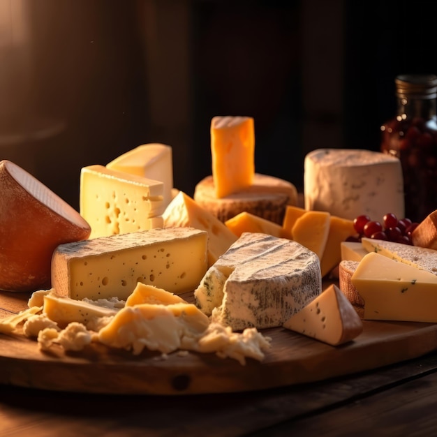 Uma seleção gourmet de queijos frescos e deliciosos adornados com pedaços e fatias