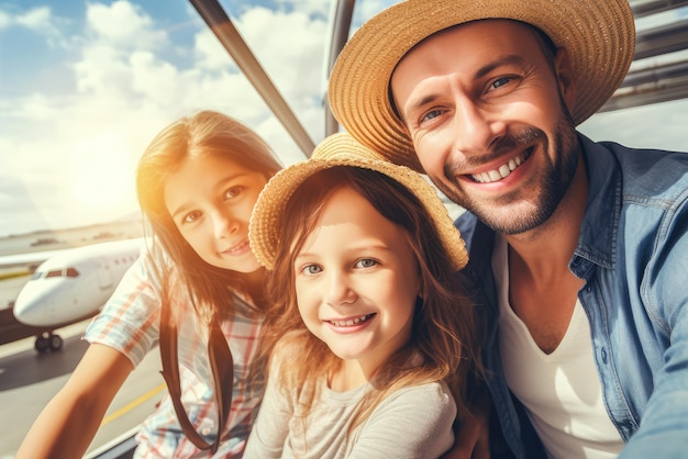 Foto uma selfie de viagem em família no aeroporto