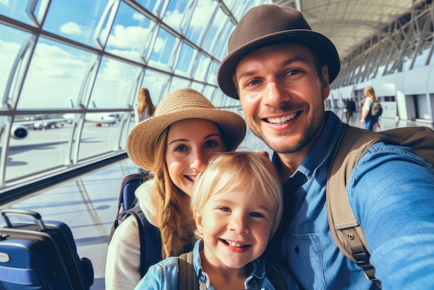 Uma selfie de viagem em família no aeroporto