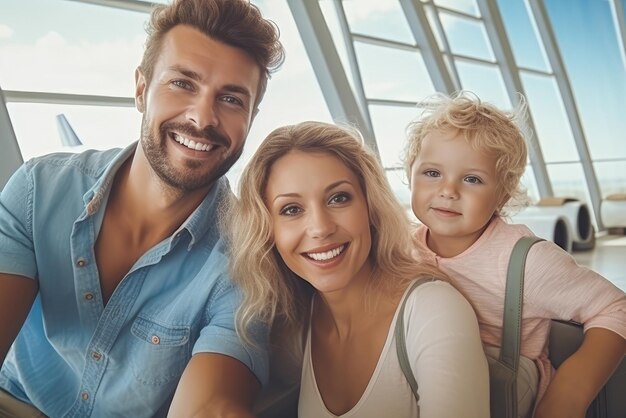 Uma selfie de viagem em família no aeroporto