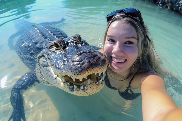 Uma selfie GoPro hiper-realista de uma garota glamourosa sorridente com um grande e engraçado jacaré