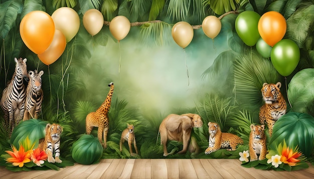 uma selva com animais e uma girafa na parede