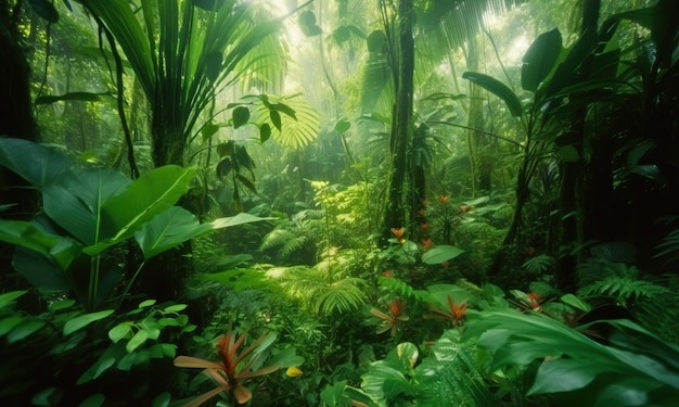 Uma selva com muitas plantas e flores