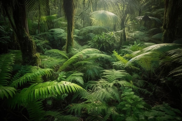 Uma selva com samambaias e samambaias