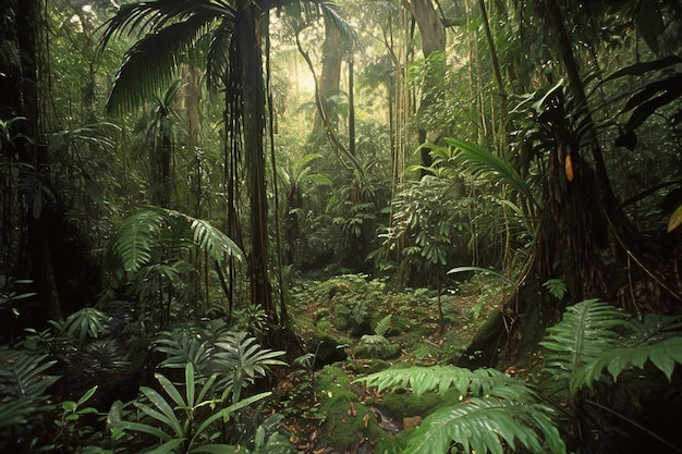 Uma selva com uma cena de selva e uma árvore em primeiro plano.