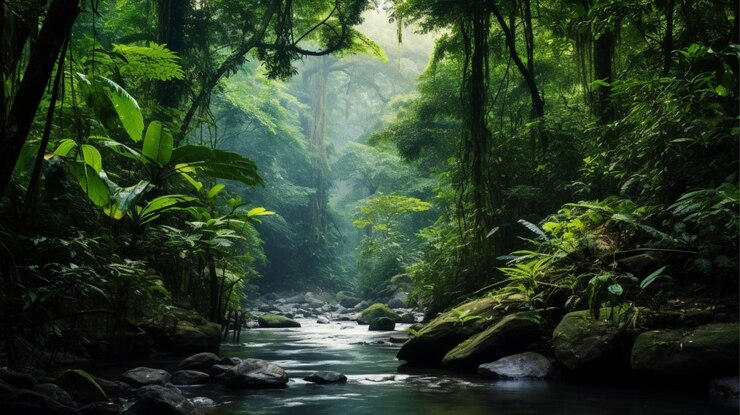 Foto uma selva florestal com um rio correndo através dela e árvores no fundo