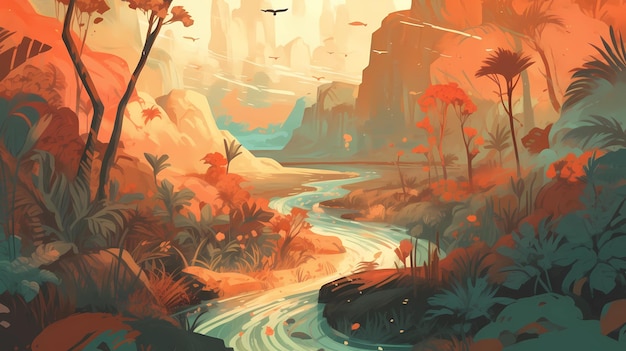 Uma selva tropical exuberante e uma ilustração de arte digital de deserto árido