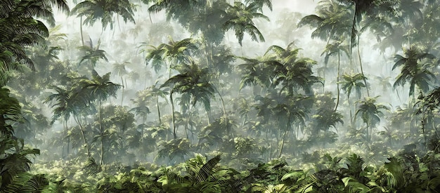 Uma selva tropical, vegetação exuberante, grandes árvores verdes e arbustos, renderização 3d