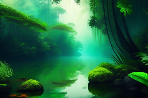 Uma selva verde com um lago e uma árvore no meio