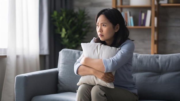Foto uma senhora asiática frustrada sentada no sofá, a abraçar uma almofada, a olhar para a janela, perdida em pensamentos, infeliz.