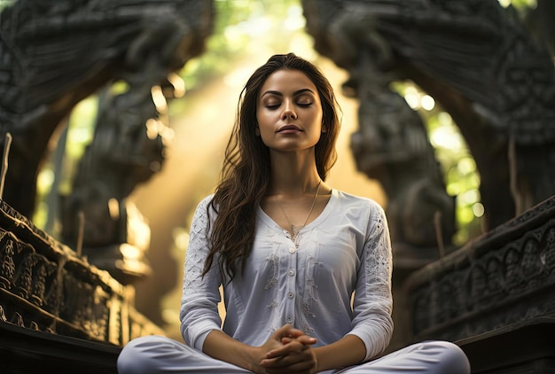 uma senhora atraente faz meditação em uma floresta no estilo da arte e arquitetura hindu