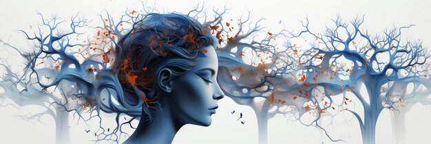 Uma senhora com cabelos azuis ondulados pensando criativamente em abstrato