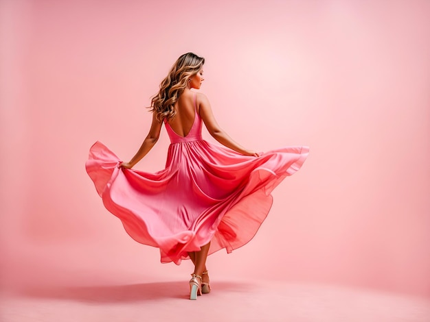 Uma senhora de vestido rosa a dançar e a divertir-se.