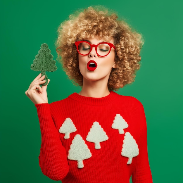 Uma senhora encaracolada engraçada com um suéter vermelho segurando uma pequena decoração de árvore de Natal verde brilhante